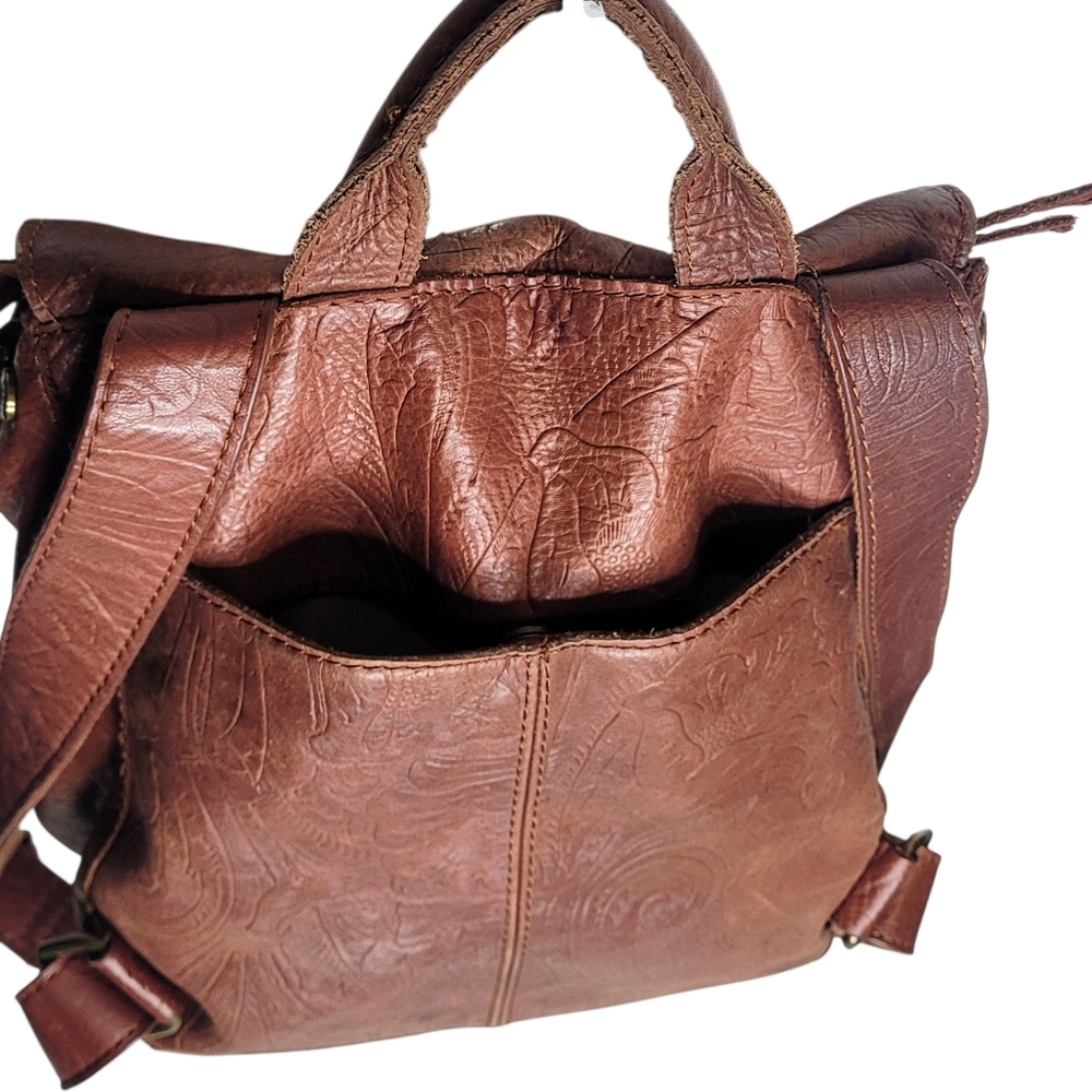 American Leather Brown Leather Embossed Women's Backpack - Picture 4 of 6